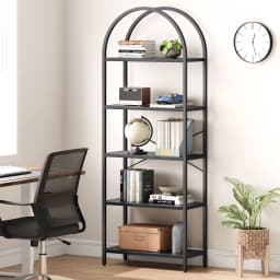 Bookshelf 5 Tier Bookcase Arched Display Racks Tall Standing Bookshelves Metal Frame Modern Storage Rack Shelf Large Wood Book S