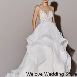 Customized White Organza Ball Wedding Gown Featuring Thin Spaghetti Straps Illusion Bodice Covered With 3D Floral Lace Appliqué