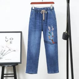 Middle-aged Women's Jeans Spring Autumn Stretch Waist Straight Denim Pants Large Size Loose High Waist Casual Black Blue Trouser