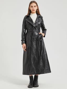 Lautaro Spring Autumn Extra Long Gold Shiny Pu Leather Trench Coat for Women Sashes Double Breasted Luxury Europe Fashion 2024