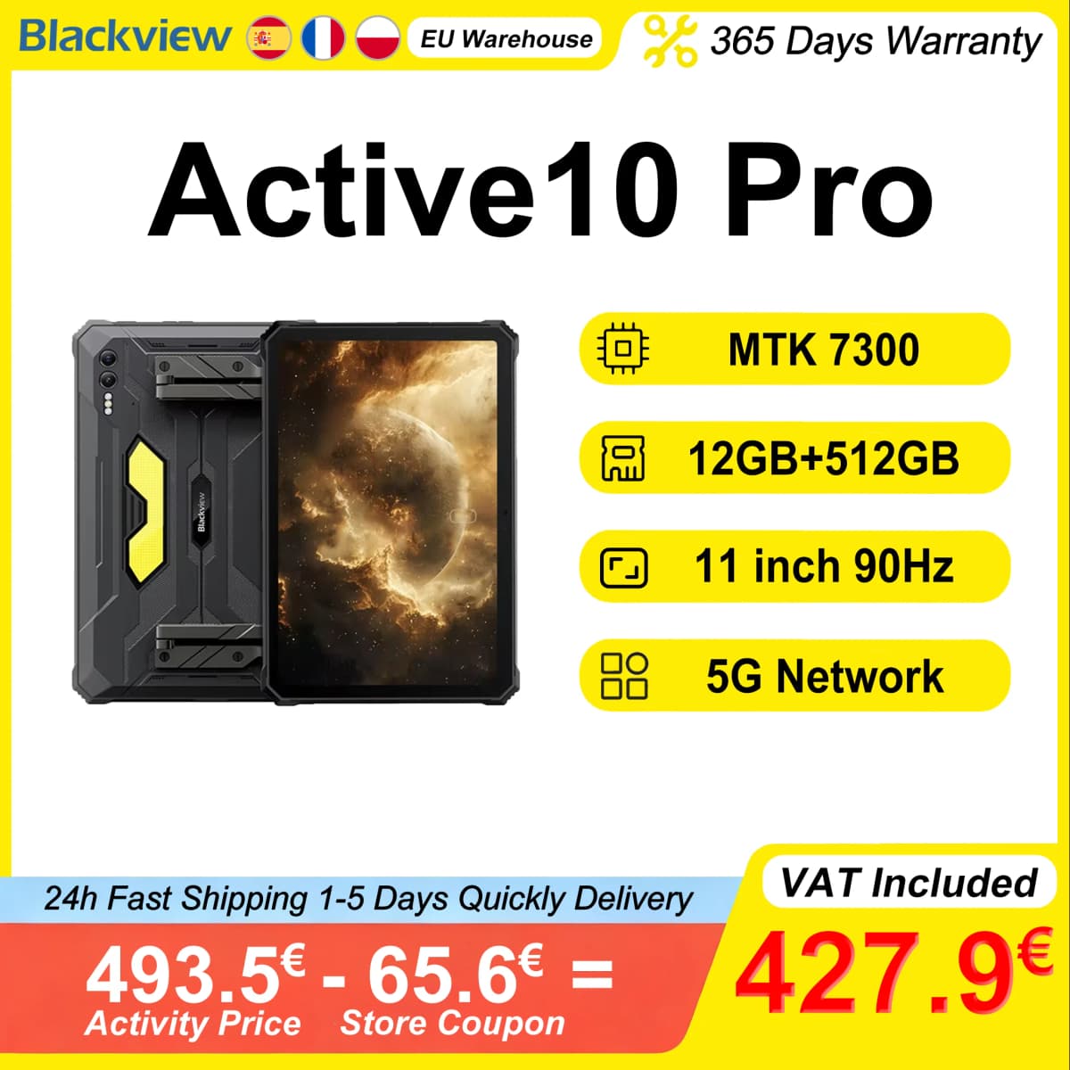 Blackview Active 10 Pro Rugged Tablets 11" 90Hz FHD 5G Network MTK 7300 12GB RAM 512GB ROM 30000mAh Battery 108MP Camera