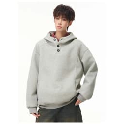 Autumn Winter New Button Half High Neck Hoodie for Men Korean Fashion Harajuku Simple Solid Men's Casual Loose Hooded Sweatshirt