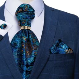 Luxury Men Green Blue Paisley Ascot Tie Set Solid Necktie Ring Wedding Party Cravat Purple Ties Pocket Sqaure Cufflink Free Ship