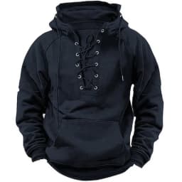 Spring And Autumn New Men's Hooded Solid Color Sweater Blue Sports Multi-Pocket Leather Sweater Tooling