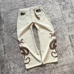 Streetwear Retro Snake Jeans Boa Embroidery Graphic Python Print Pocket Denim Pants Y2K Trend Unisex Baggy Straight Leg Pants