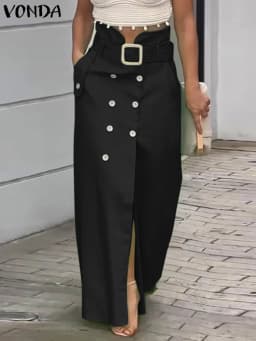 VONDA Women Solid Color Long Skirts 2025 Casual Waistband Button Design Slit Overskirts Elegant Office Lady Bottoms Oversized