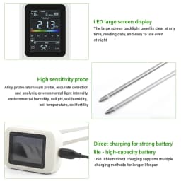 Yieryi Rechargeable 6-in-1 Soil PH Tester Moisture/Fertility/Sunlight/Temp/pH Meter Earth Nutrient Analyzer for Gardening Farm