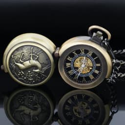 Bronze Elk Mechanical Pocket Watch Roman Numerals Skeleton Dial Pendant Clock  Casual Fashion Gifts for Women Men