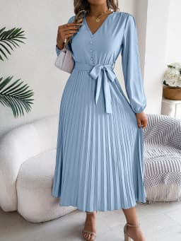 Spring Autumn Elegant Buttons V Neck Lantern Long Sleeve Lace Up Pleated Dress Khaki Blue Red Green Black Women Dresses