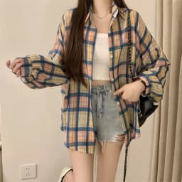 Sheer Chiffon Plaid Shirt for Women Ovesized Collared Button-down Blouse Summer Laides Slouchy Casual Outfit