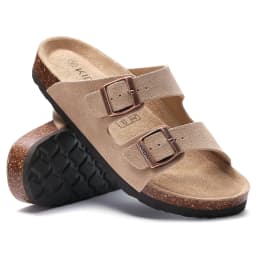 Comwarm Genuine Suede Sandals For Women Men Cork Footbed Adjustable Slides Anti-slip Fashion Unisex Slippers With Arch Support