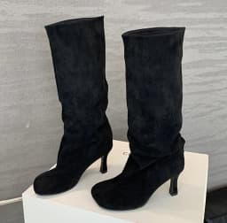 Punk-Style Belt Buckle Mid-Calf Boots for Women Square Heel Motorcycle Boots Pu Leather Pleated Boots Street Retro Riding Boots