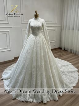 Customized Exquisite Muslim Wedding Dress High Neck Long Sleeve Exquisite Lace Princess Ball Gown Vestido De Novia