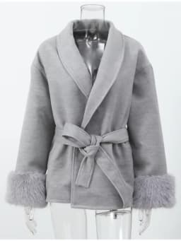 Retro Faux Fur Patchwork Woolen Maxi Coat Women Solid Full Sleeves V-neck Lace Up Loose Coats Lady Winter Commute Outwear New