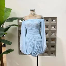 IEQJ Summer Irregular Blue Slash Neck Pleats Dress Women Long Sleeve Tight Waist Mini Dresses New 3A2052