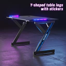 Gaming Desk with RGB LED Lights, Carbon Fiber Surface Gaming Table, Y‑Shaped Game Computer Desk with Cup Holder & Headphone Hook, Adjustable Leveling Feet for Home Office Gaming Room