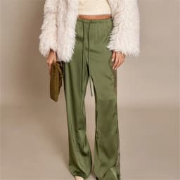 hirigin Women's Satin Wide Leg Trousers Lace Patchwork High Waisted Drawstring Lounge Pants Elegant Loose Fit Bottoms