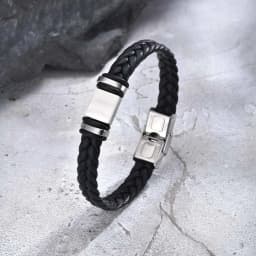 Initials Leather Bracelet for Men Boys,Stainless Steel A-Z 26 Letter Charm Woven Wristband,Casual Jewelry Gift to Father Husband