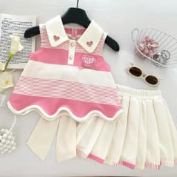 Korean Version Summer New Sweet and Cute Pink Love Collar Striped Bow Top+pleated Skirt Two-piece Set for Girls Aged 2-9