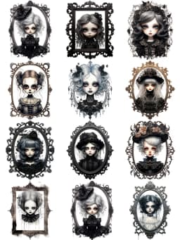 12Pcs/Pack Gothic Black Dress Doll Sticker DIY Craft Scrapbooking Album Junk Journal Decorative Stickers