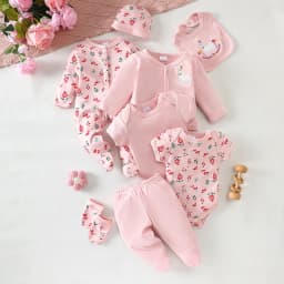 8-Piece Newborn Baby Romper Set, Soft and Breathable with Cute Pink Deer Pattern, Suitable for Babies Aged 0-9 Months.
