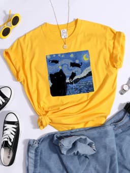 Vincent Van Gogh Starry Night Cute Cat In Painting Print Women's t-Shirt Hip Hop Soft Tops Loose Tshirt Summer Women's Tshirts