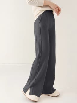Women Wool Wide Leg Pants Threaded Elastic Waist Cashmere Trousers Autumn Winter 100% Merino Wool Knitted Soft Slit Design Pants