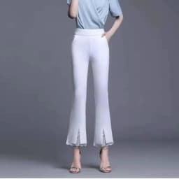 New Office Lady Lace Patchwork White Elastic Waist Casual Pants Summer Solid Women's Versatile Micro Flared Pants Women Clothing