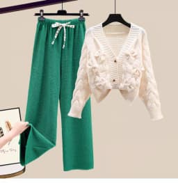 Two Piece Set For Women New In Sweater Matching Sets Korean Sweet Bow Outfit Long Sleeve Cardigan Knitwear Wide Leg Pants Set