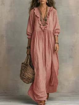 2026 New Spring Summer Long Dress Elegant Striped Ruffled Loose High-Waisted V-Neck Fashion Casual Dress Large Size Beach Robe