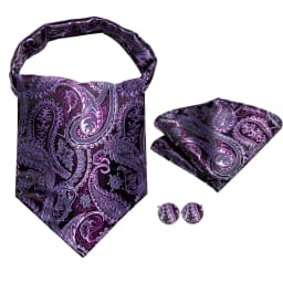 Hi-Tie Silk Mens Ascots Hanky Cufflinks Set Jacquard Paisley Floral Cravat Tie Self Vintage Ascot Black Gray Red Gold Pink Blue