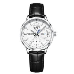 LOUIE JUELEN Couple Watches Multifunction World Map Dial Black Leather Strap Luminous Quartz Wristwatch Lovers Pair Gift Set