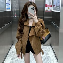 Women Faux Leather Coats Solid Jacket Turn Down Collar Long Sleeves Zipper Hem Belt Loose Fit Moto Streetwear 2026 Autumn Winter