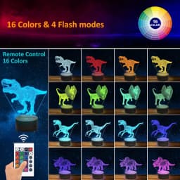 4pcs T-rex Dinosaur 3D Night Light (4 Patterns) With 1 Base, Remote Control & 16 Colors Changing & Dimmable Function & Gift Wrap