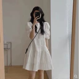 Summer 2025 Design Sensation Bubble Short Sleeve Dress Women's Elegant Skirt Commute Style Pleated High Waist A-Line Dress