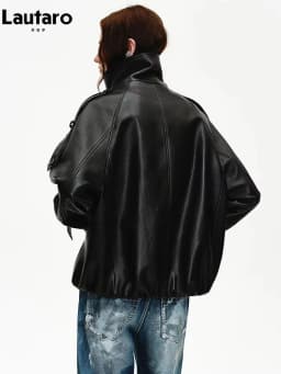 Lautaro Spring Autumn Cool Handsome Oversized Black Pu Leather Jackets for Women Double Breasted Luxury Designer Clothes Fashion