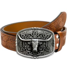Western Cowboy Couple Style Men's Belt - Irregular Pattern Carving Flower Long Horn Cow Head Smooth Buckle Women's Belt - Countr