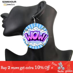 SOMEHOUR Love Queen Boom Comic Print Wooden Drop Earrings OMG LOL Bubble Cartoon Cute Pop Loops Dangle Jewelry Women Girls Gift