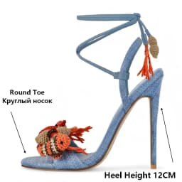 Onlymaker Women Open Round Toe Woven Embellished Ankle Strap Sandals Thin Heel Big Size Sandals