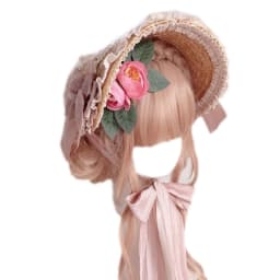 Pastoral Style Flat Top Hat Lace Flower Ribbon Straw Hat Lolita Hat Bonnet Hat French Hat All-match for Beach Vacation