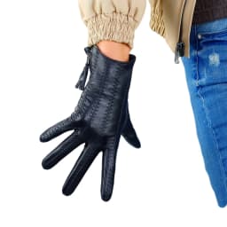 Women's Warm Driving GLOVES Black Real Leather Short Winter GLOVES Tassel Zipper Wristlet Touchscreen Genuine Goatskin Leather