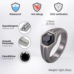 Punk Vintage Gray Stainless Steel Rings for Men Hexagon Black Zircon Ring Hip Hop Fashion Waterproof Finger Jewelry Party Gifts