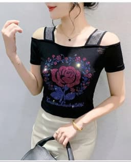 New Designer Hot Diamond Mesh T-Shirt Women Korean Style Sexy Off Shoulder Slim Tee Summer Casual Streetwear Tops