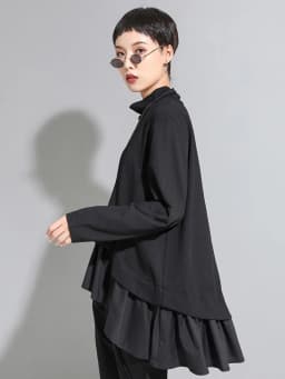 [EAM] Loose Fit Asymmetrical Ruffles Sweatshirt New High Collar Long Sleeve Women Big Size Fashion Tide Spring Autumn 2026 1A529