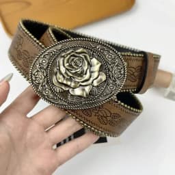Vintage Carved Buckle PU Wide Belts Boho Brown Embossed Waistband Western Jeans Pants Belt