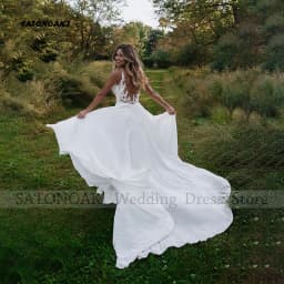 Customized Elegant Boho Side Split Lace V-Neck Chiffon Wedding Dresses for Women A-Line Sweep Train Backless Vestidos De Novia