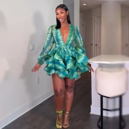 Sexy Deep V Neck Print Chiffon Mini Dress Elegant Long Sleeve Belted Tiered Ruffle Gown Lady Summer Party Beach Holiday Outfit