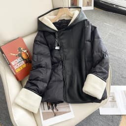 Schinteon Women Lambswool White Duck Down Jacket with Hood Autumn Winter Warm Outwear Casual Patchwork Coat European Style