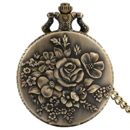Vintage Bronze Flowers Quartz Analog Pocket Watch Gift Men Women Necklace Pendant Pocket Clock Arabic Numerals Dial Retro Watch