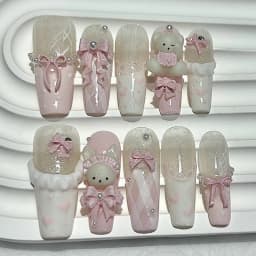 10PCS Cute 3D Bow Teddy Bear Pink French Handmade Press On Nails Lolita Kawaii Bunny Long Fake Nails Pearls Glitter Nail Art